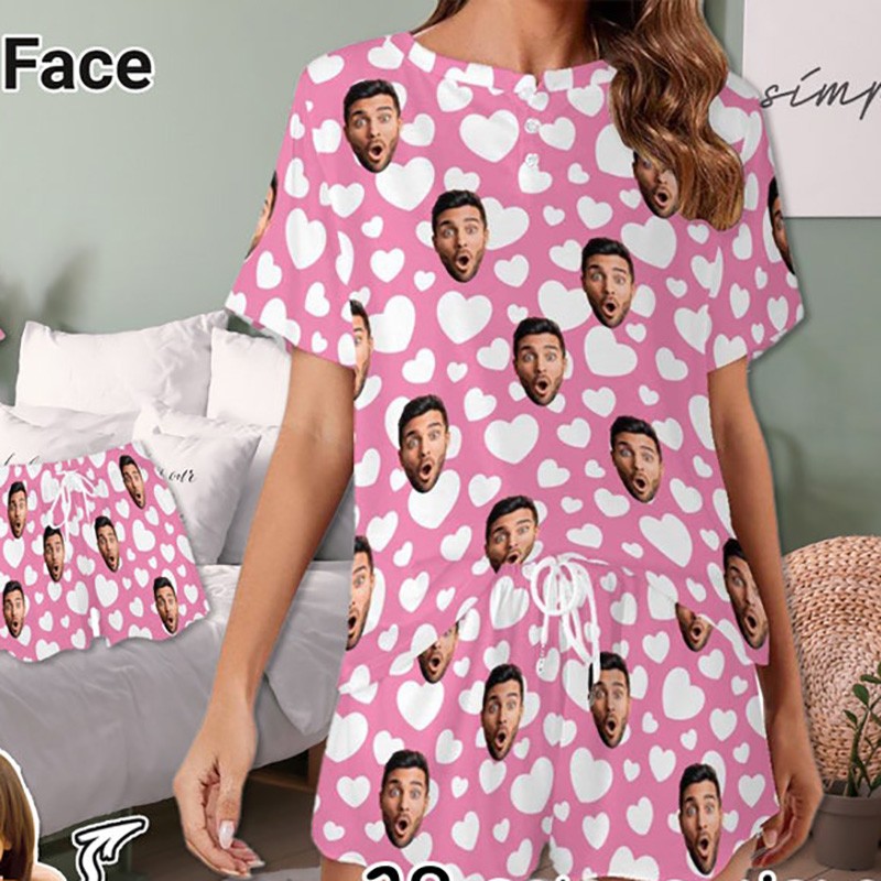 Personalised Couple Faces Heart Pajamas Gift for Him Her Anniversary Valentine's Day Gift