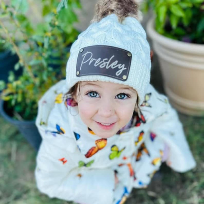 Custom Toddler Personalized Faux Leather Patch Ribbed Beanie