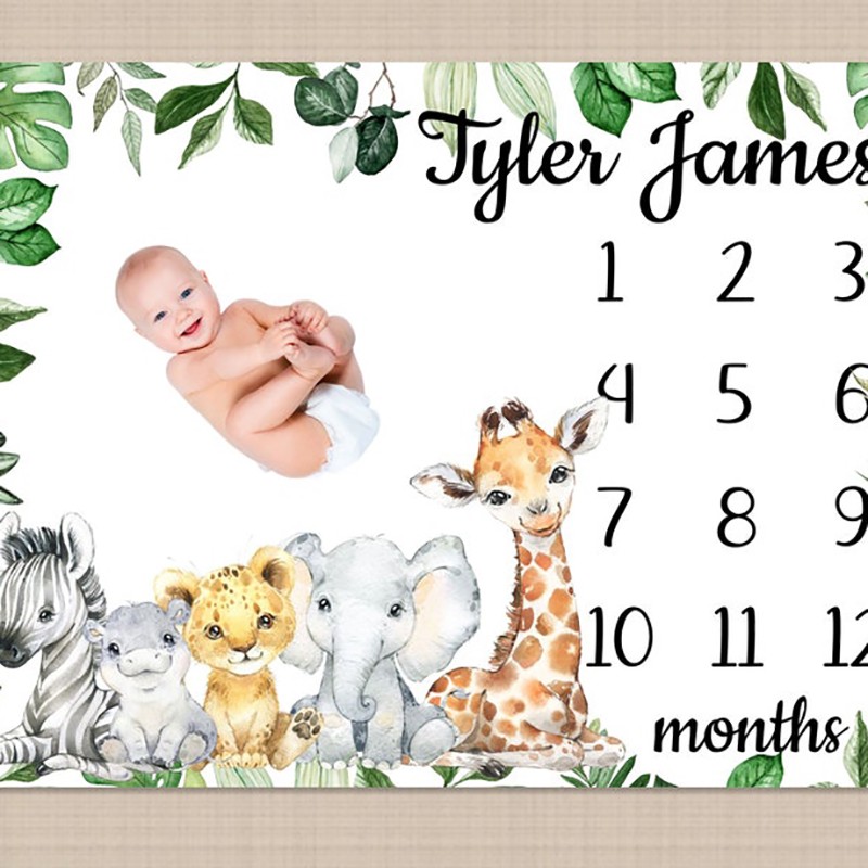 Personalised Safari Animal Milestone Blanket Boy Monthly Photos Blanket