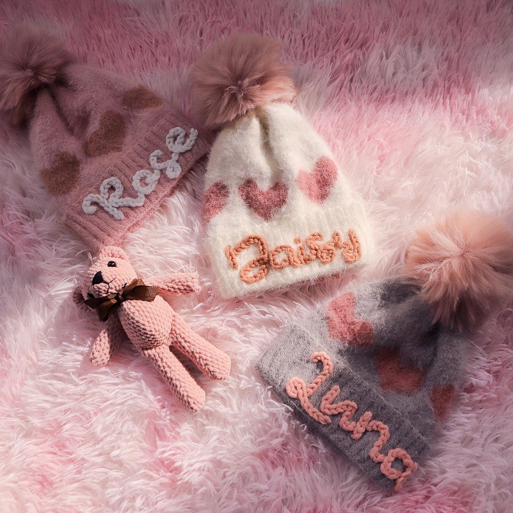 Personalized Embroidered Baby Hat With Pom Toddler Winter Beanies Baby Girl Name Beanie