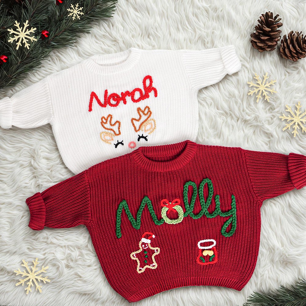 Custom Christmas Hand Embroidered Sweater Baby Name Baby Holiday Sweater