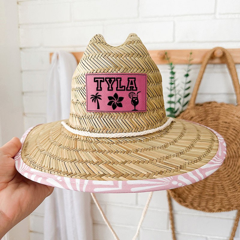 Personalised Leather Name Patch Straw Hat Sun Hat With Name and Symbols Gift for Toddler Child Adult